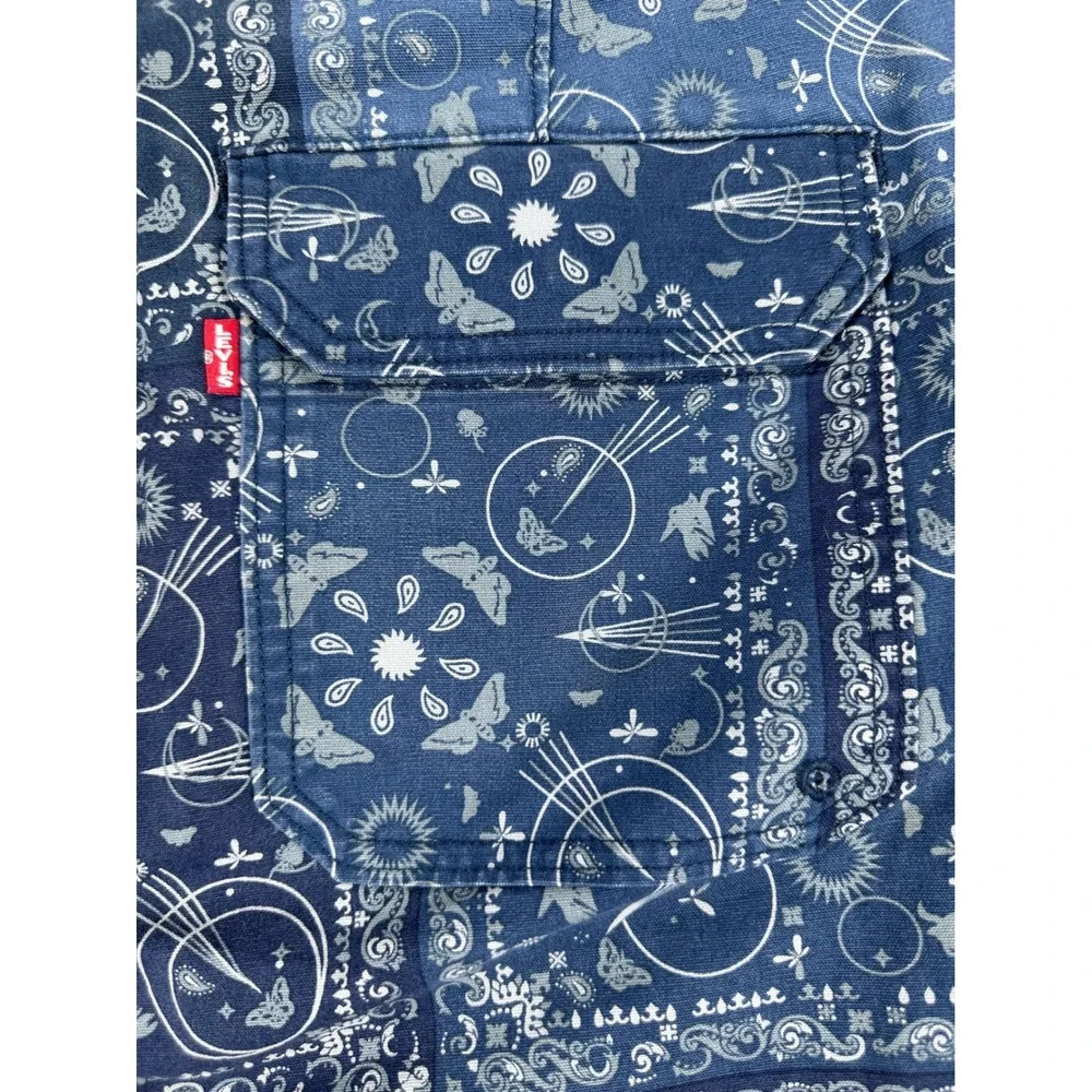 Levis 502 Regular Taper Blue Bandana Patchwork Chore Pants Mens 34x32 Raw Hem